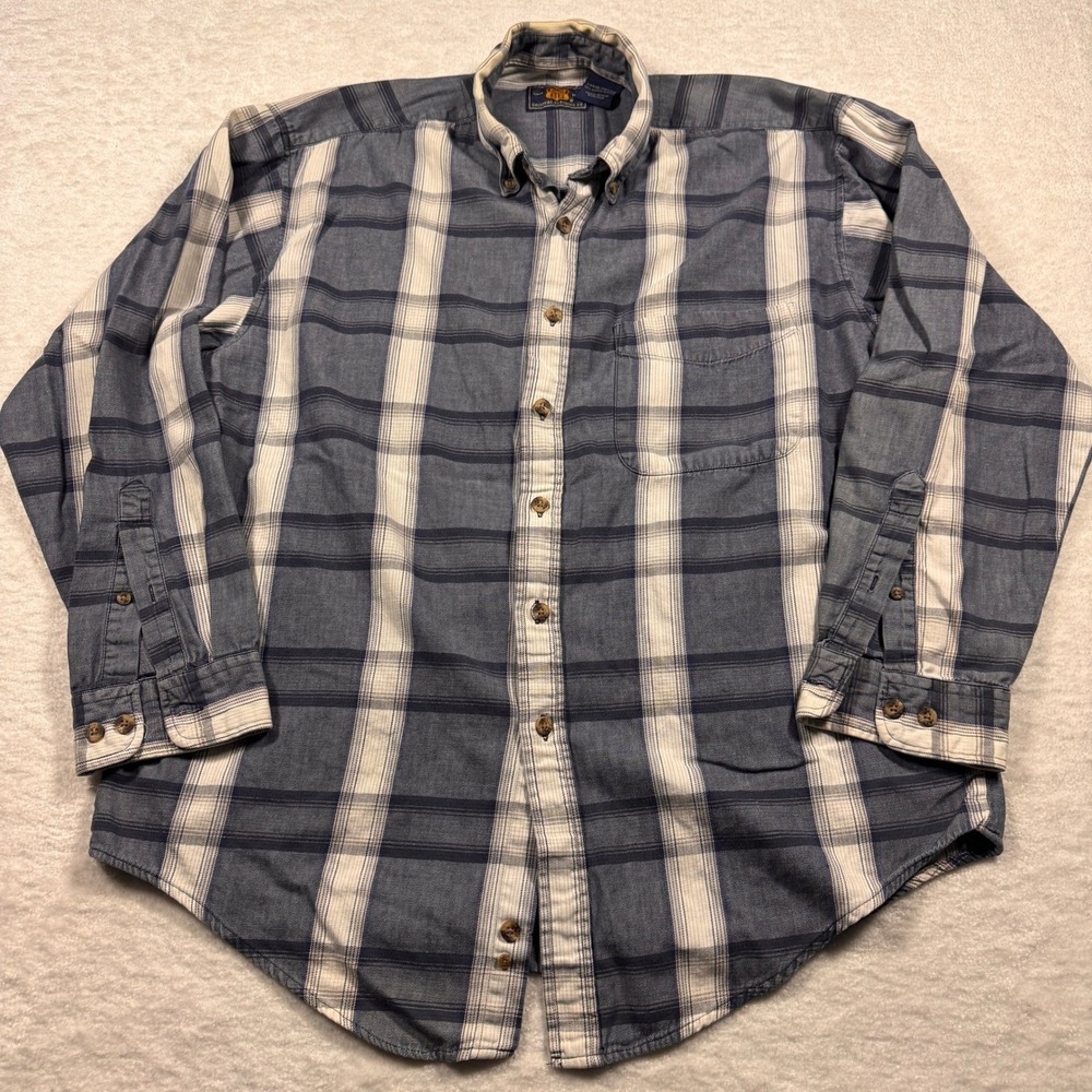 Route‎ 66 Mens Large Plaid Button Down Shirt Blue White 100% Cotton Long Sleeve